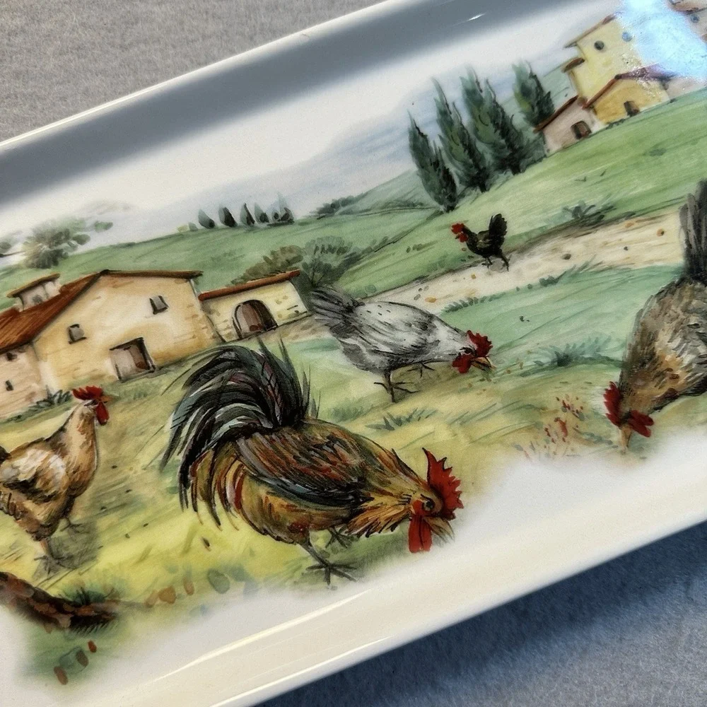 Azzurra Ceramiche Made in Italy Rooster Chicken Tray Cottagecore Tuscany 14 x 7